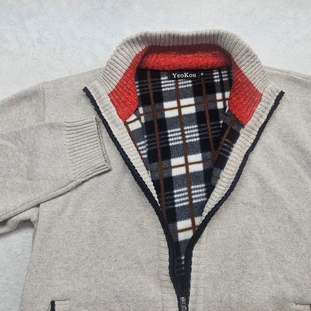 Yeokou Mens Full Zip Cardigan Sweater Fleece Lined Plaid Beige Mock Neck Large